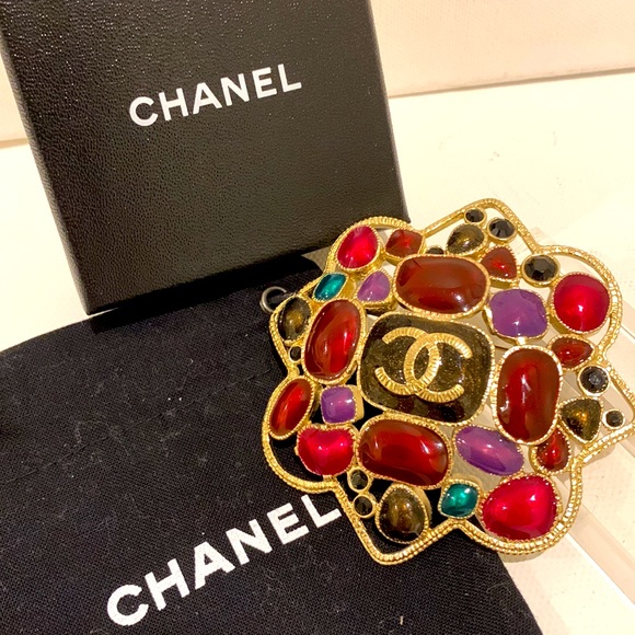 CHANEL CC Multicolor Gem Stone Large Vendura Style Brooch Pin Gold Pink Purple - Picture 12 of 13